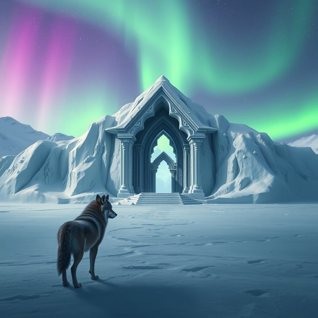 Lone Wolf Guards Frozen Temple Under Aurora Borealis
