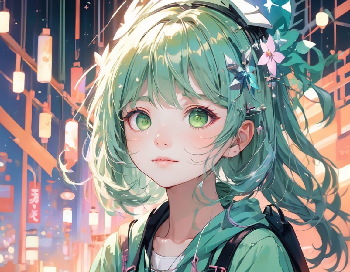 Whimsical Anime Girl with Light Green Hair and Sparkling Eye...