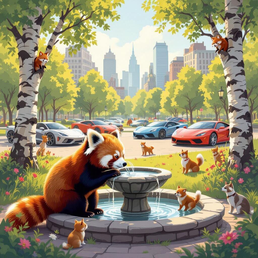 Red Panda Drinks at Park Fountain with City Cars and Animals