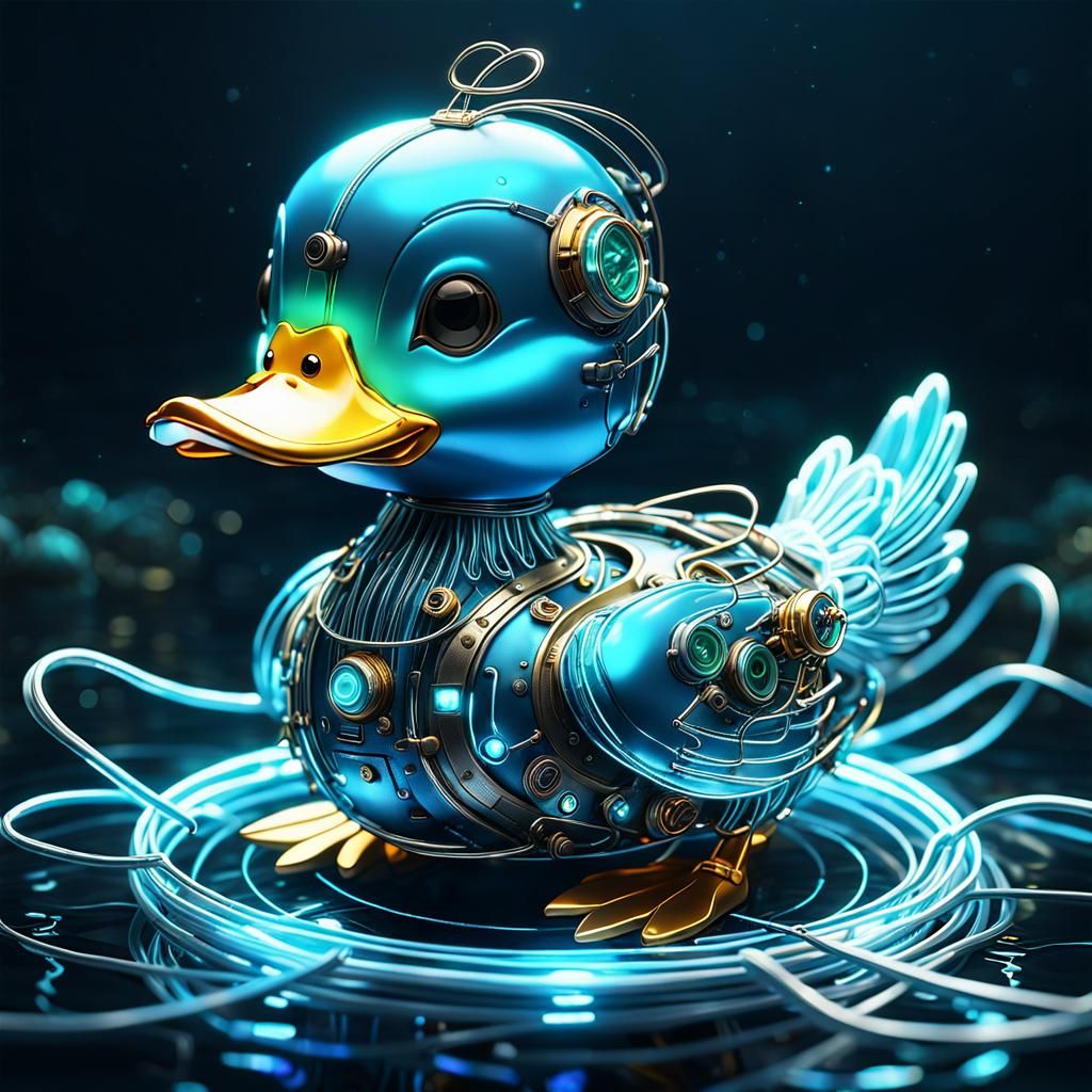 Adorable Glowing Duck in Steampunk Futuristic Style