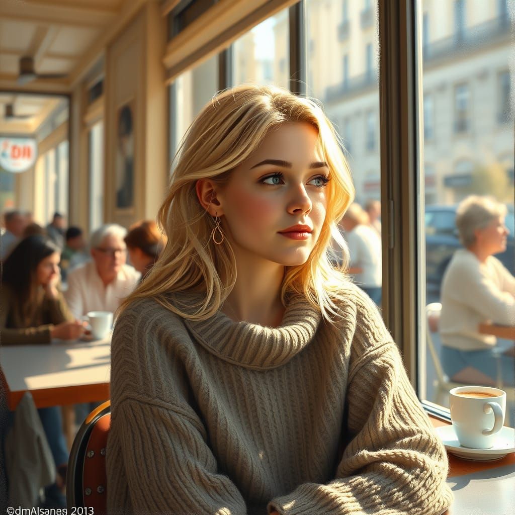 Blonde Woman in Cafe, Impressionist Style
