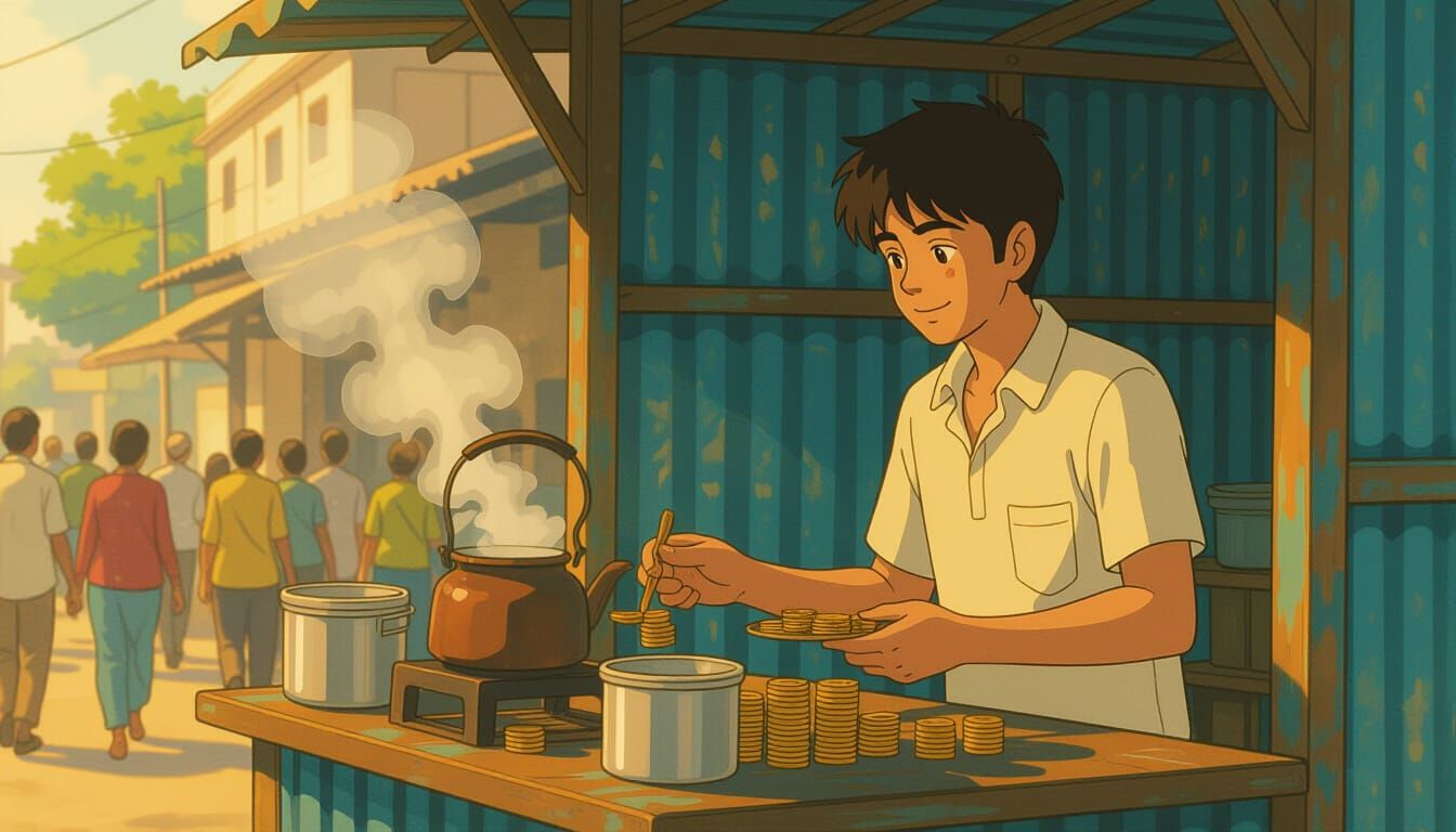 Indian Boy Buys Chai at Roadside Stall in Anime Style