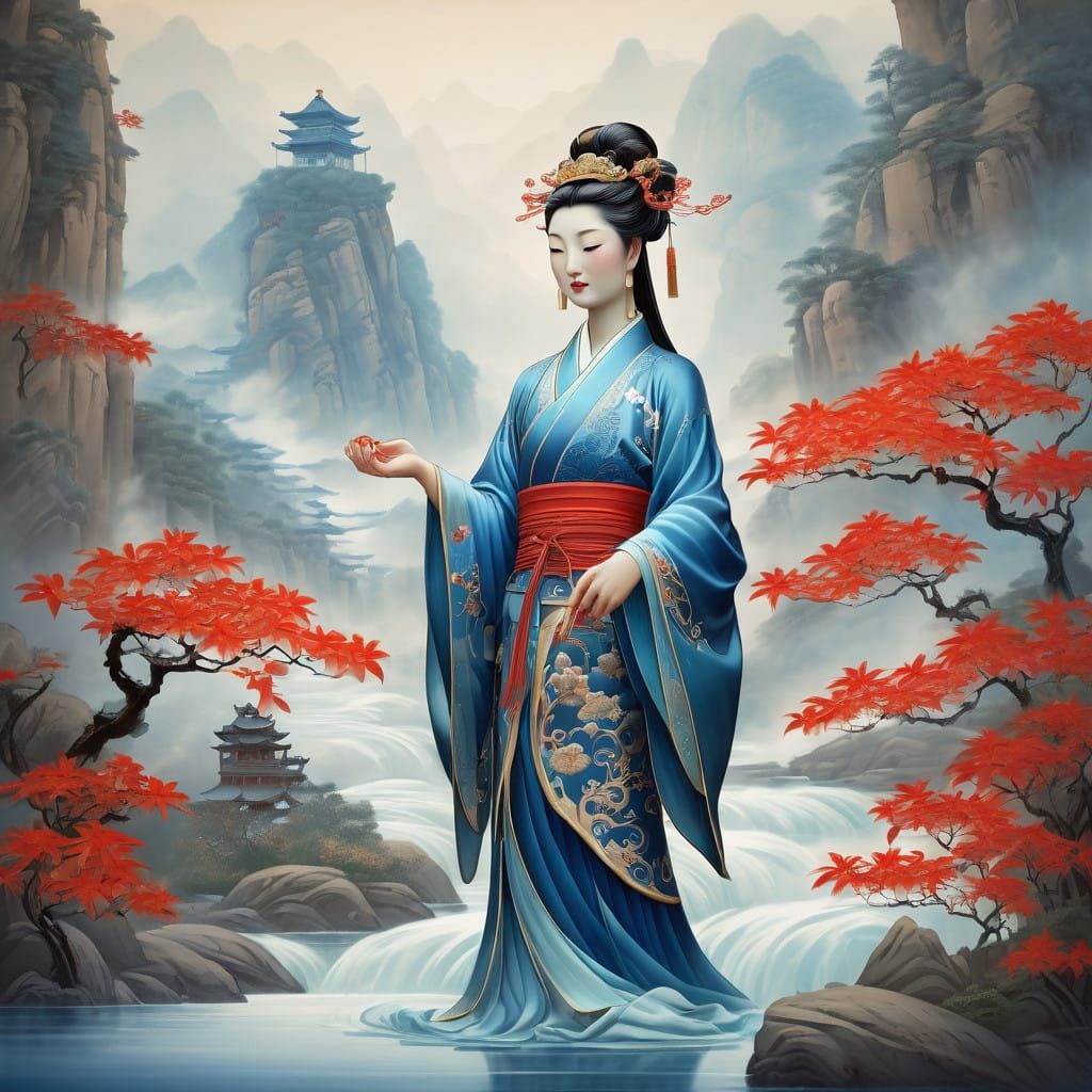 Ethereal Guanyin Embodies Compassion in Art Nouveau Harmony