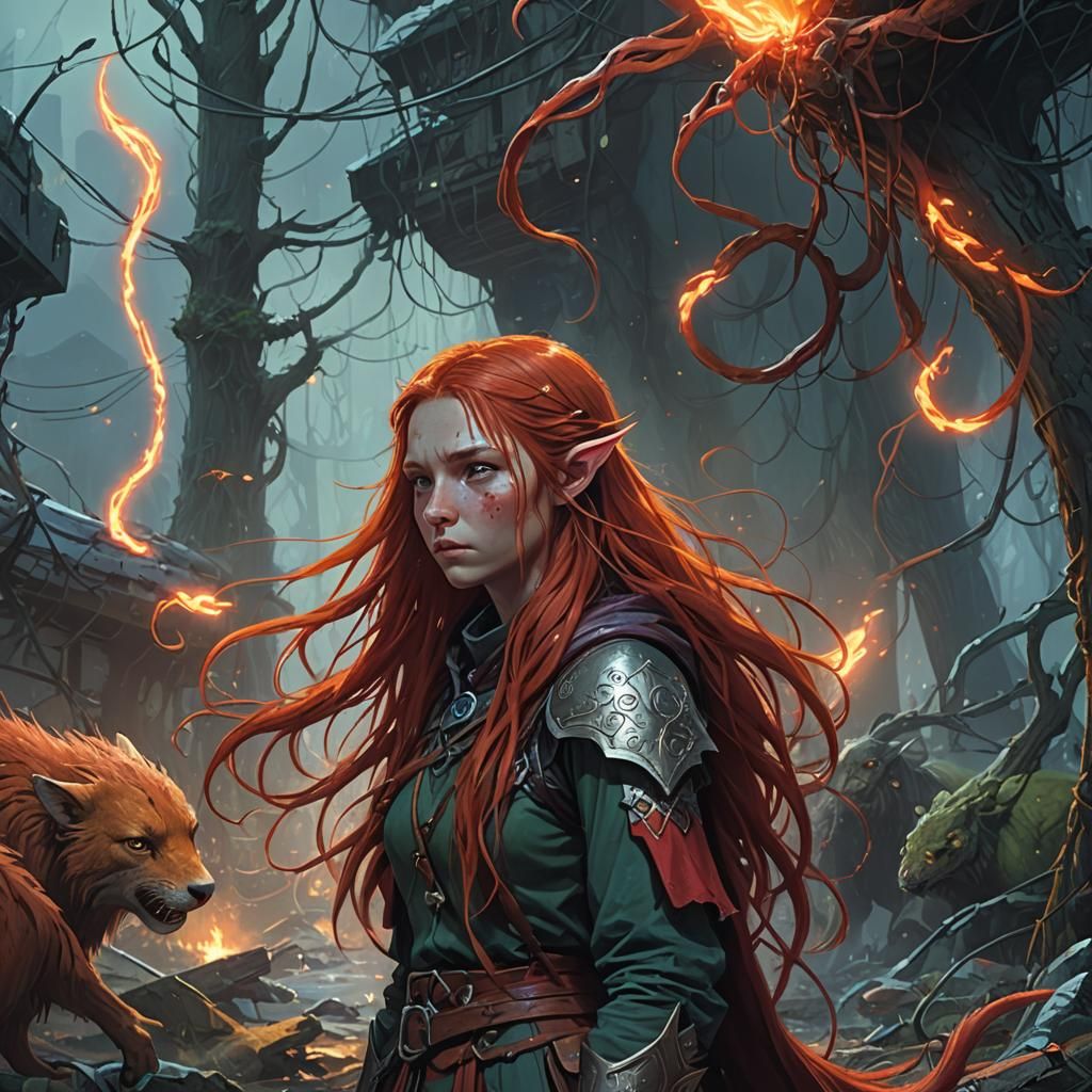 Red Elf Girl in Chaotic Fantasy World