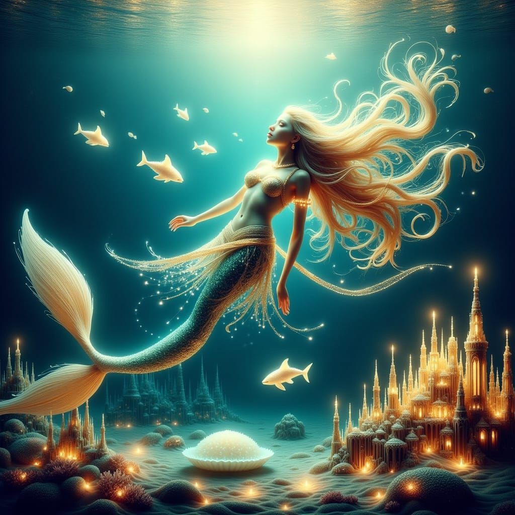 Lost City of Dwarka, Radiant Pearl and Mermaids in Golden Te...