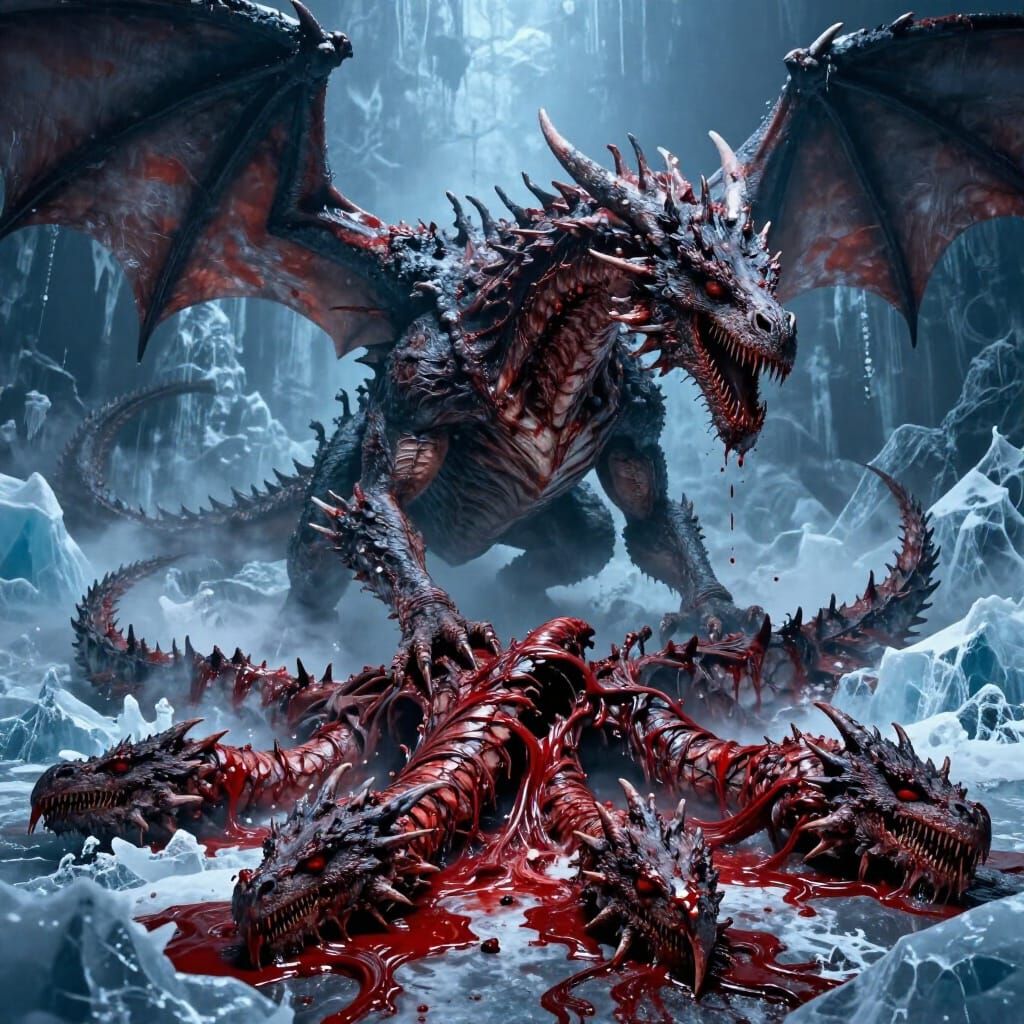 Monstrous Ice World with Gory Dragons in Gothic Horror Style