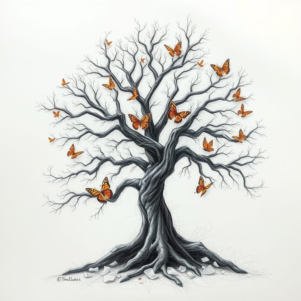 Fantastical Tree Grows From Pencil Sketch with Graphite Bran...