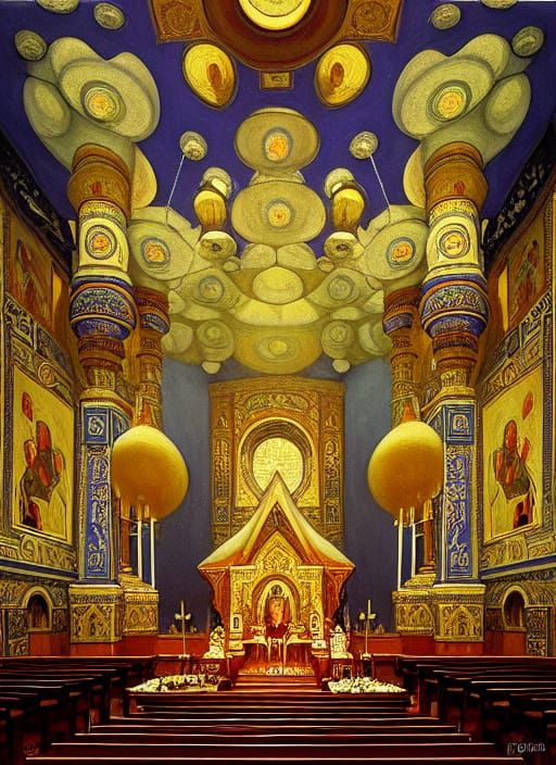 Russian Orthodox Basilica with Cellist, Oil Painting