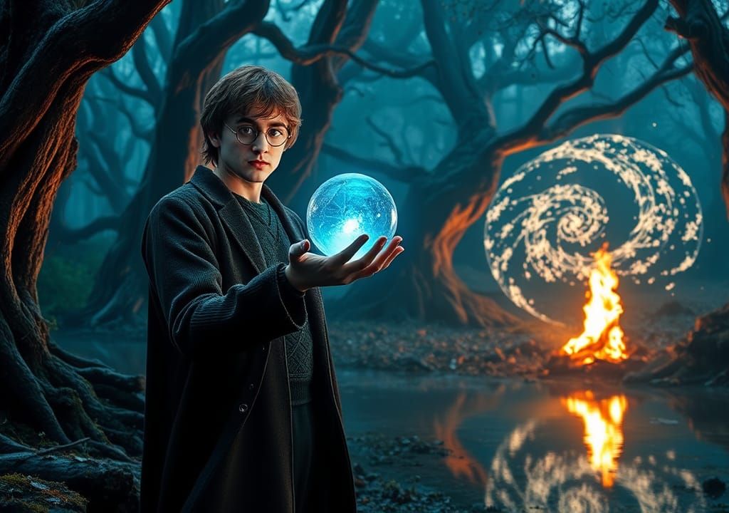 Magical Scene of Harry and Hermione in an Enchanted Forest