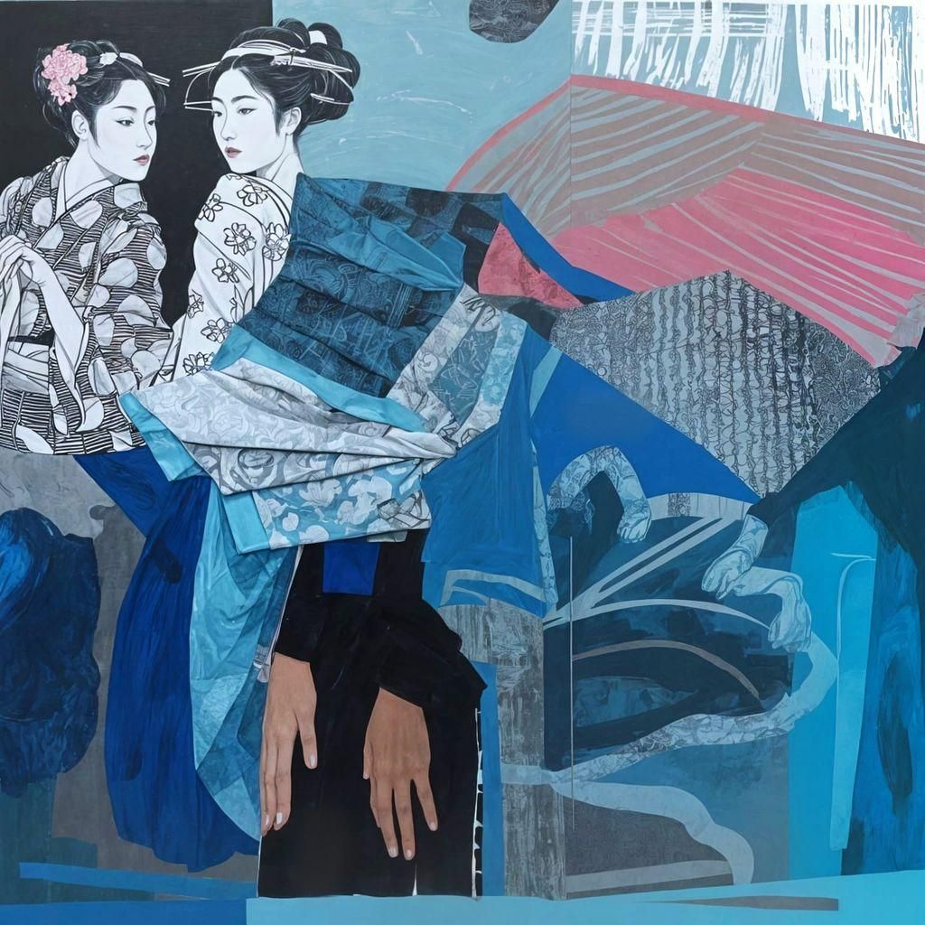 Geishas and Abstract Design in Dimensional Collage