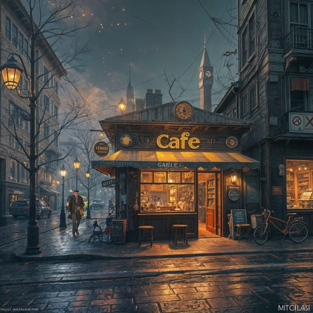 Cozy City Café Scene in Meticulous Matte Painting Style