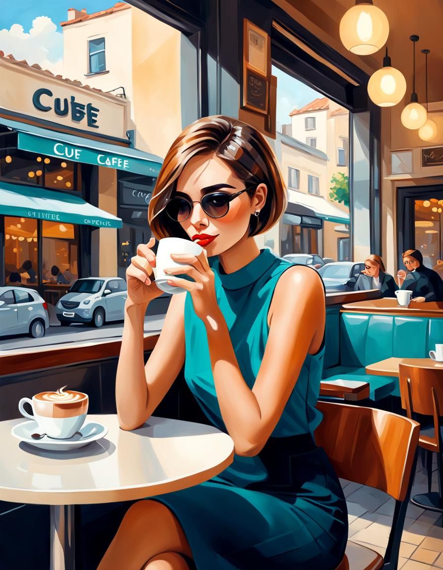 Cafe Scene: Young Woman in Cubist Art Deco Style