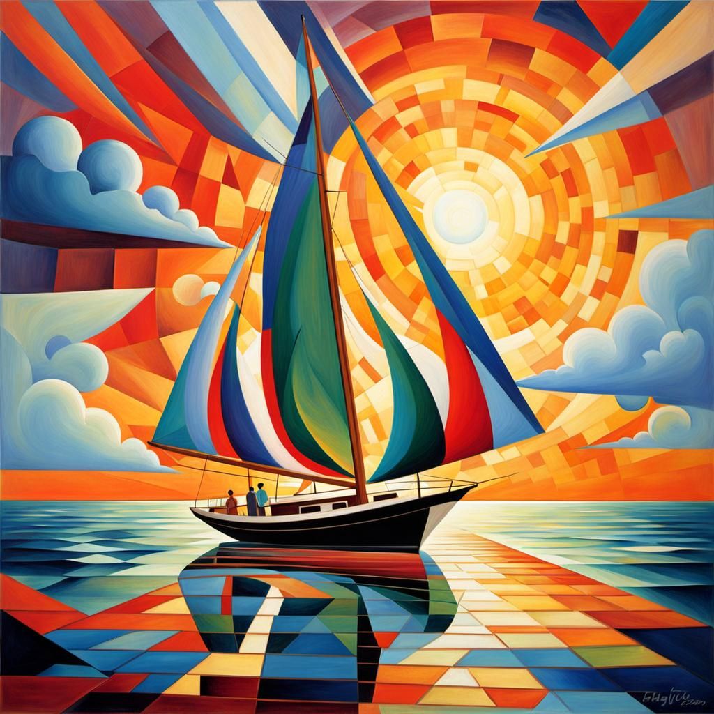 Sailboat at Sunset in Abstract Cubist Style