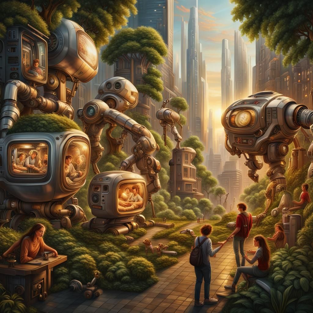 Humans and Robots Tapestry in Hyperrealism Style