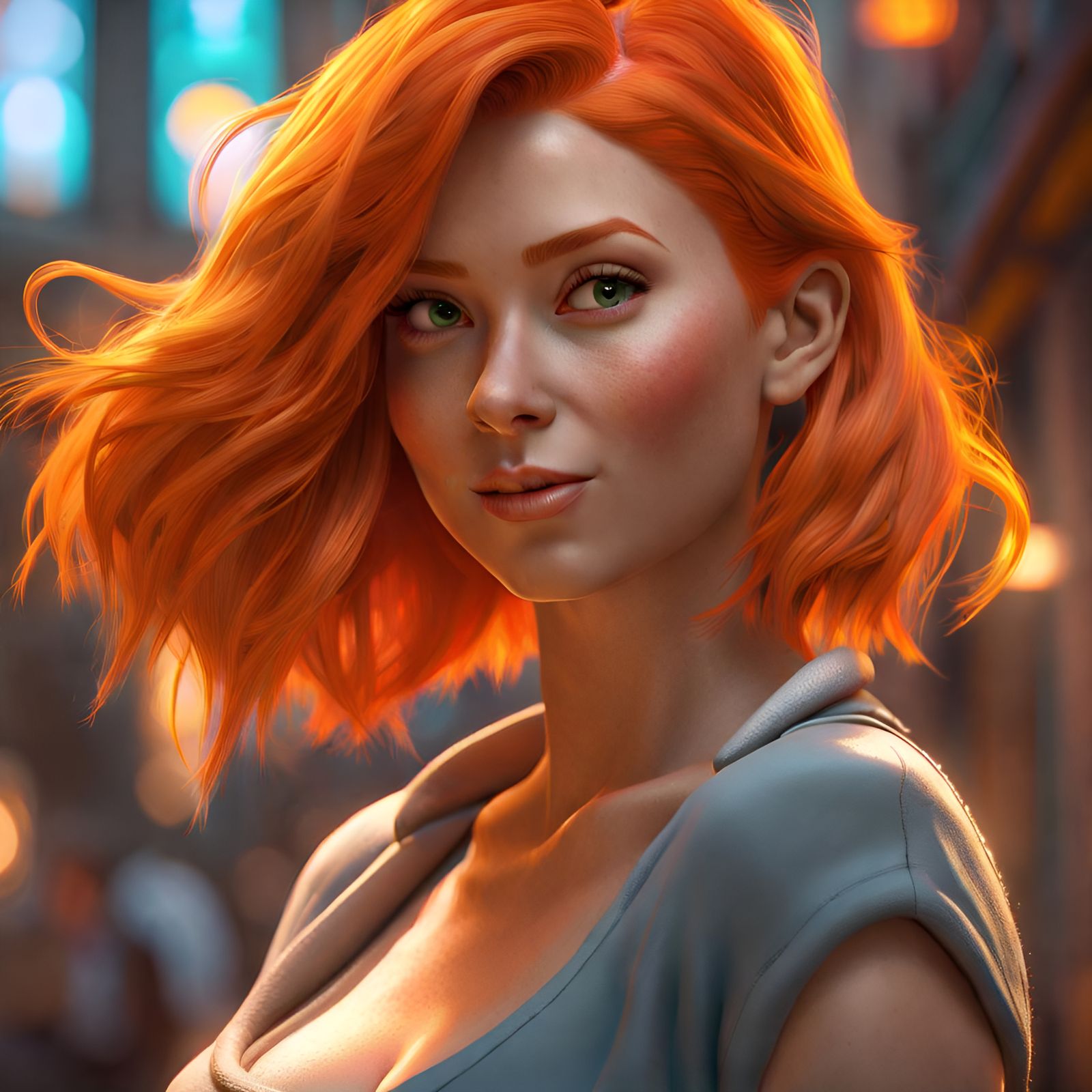 Orange-Haired Woman, Detailed 3D Digital Art