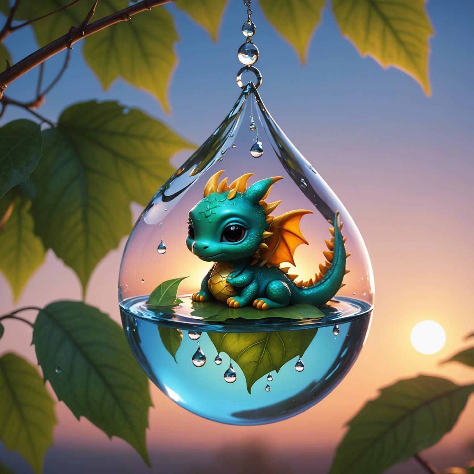 A cute chibi Dragon sleeping inside a water drop