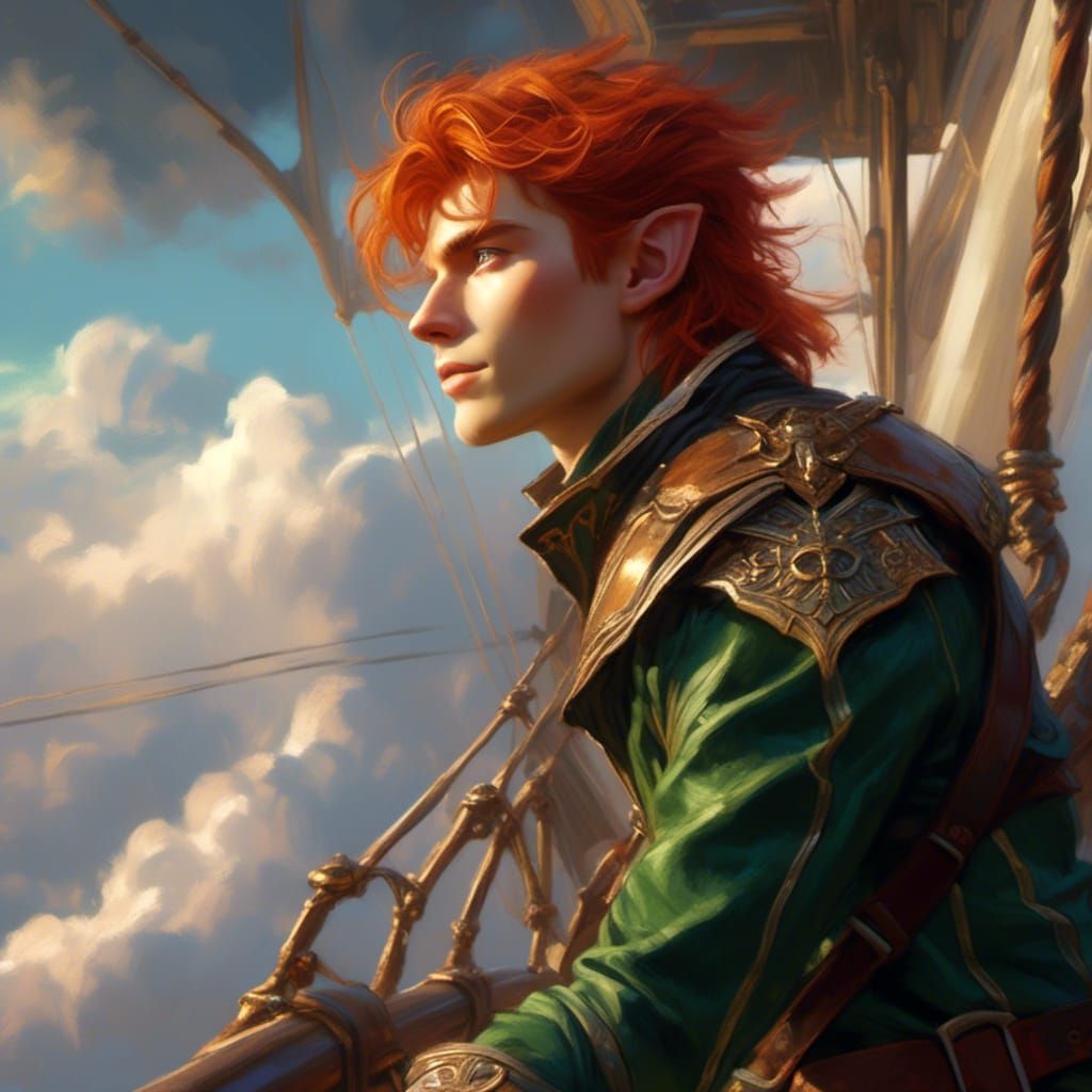 Handsome Elf Captain on Airship, Fantasy Artwork