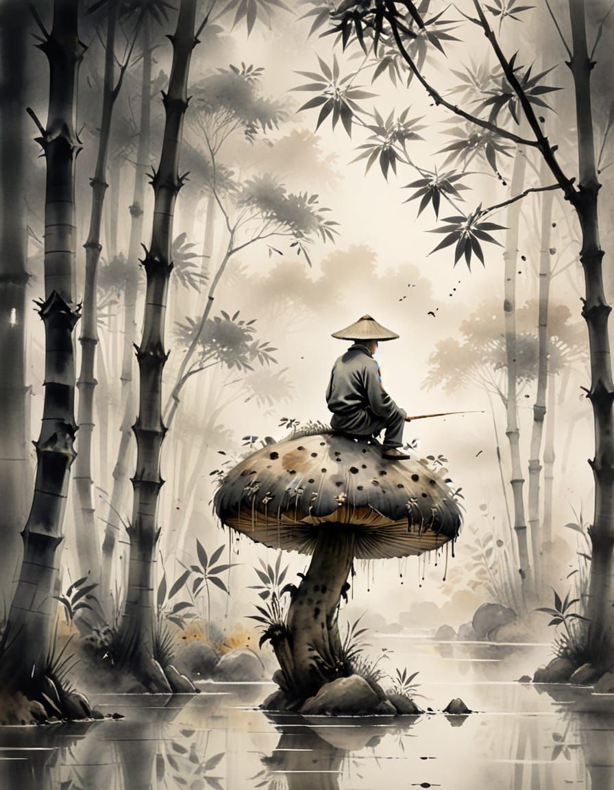 Traditional Japanese Sumi-e Art of a Solitary Fisherman