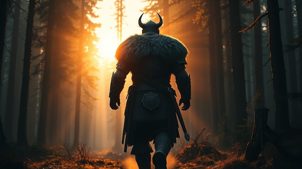 Viking King Walks Toward Sunlit Forest in Maximalist Digital...