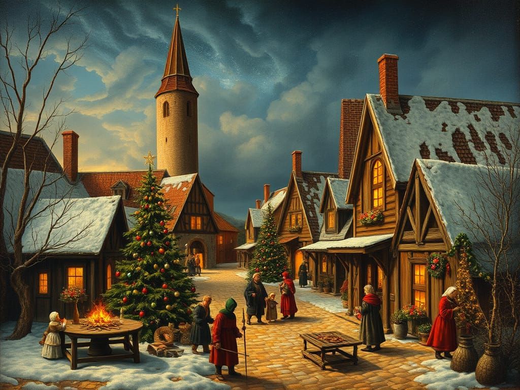 Medieval Village Christmas Celebration in Bruegel Style