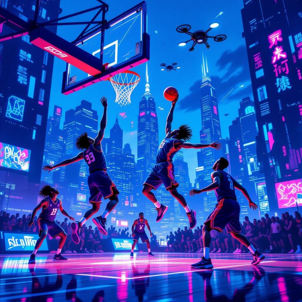 Futuristic Dystopian Basketball Game at Twilight