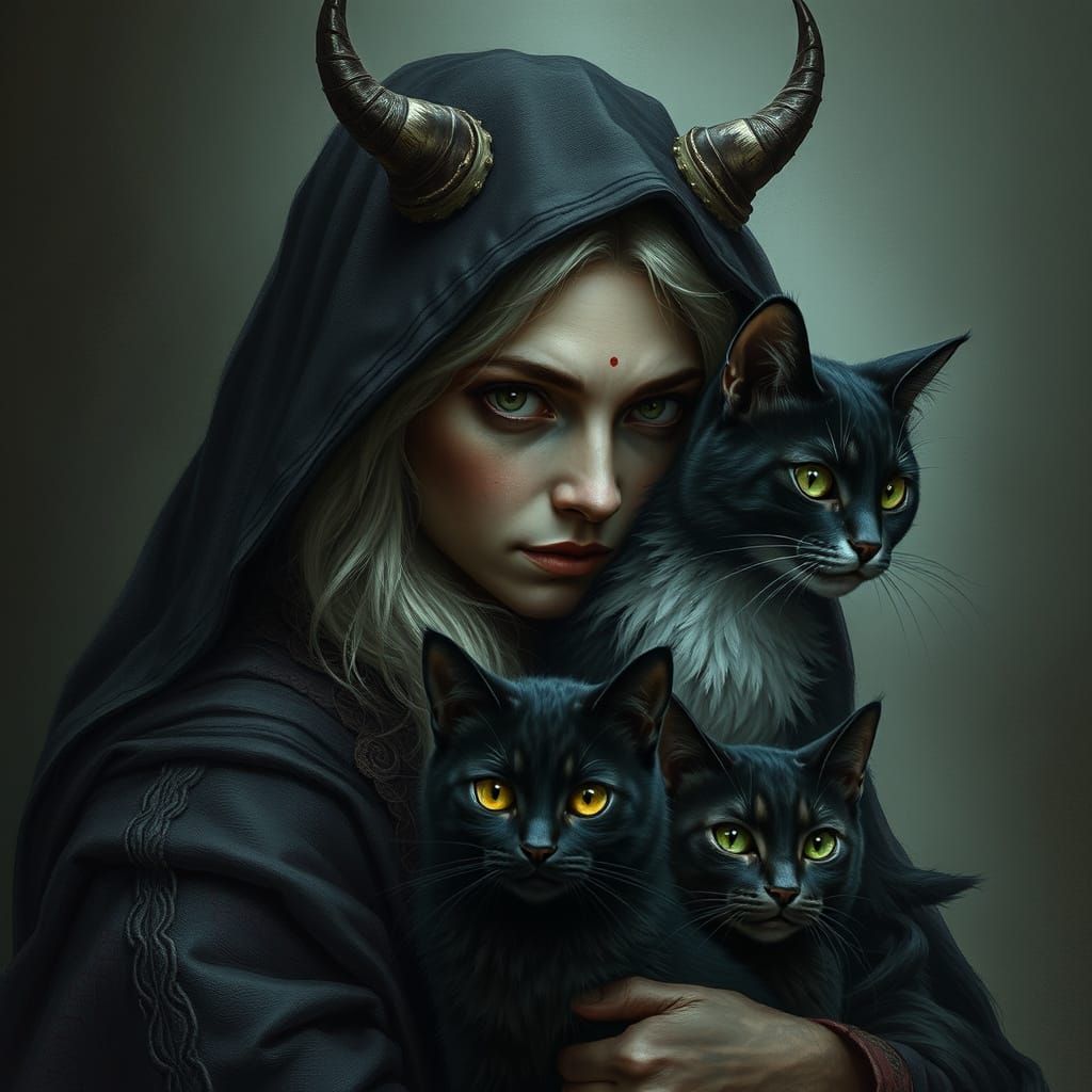 Realistic Image of an Old Witch with Black Cat