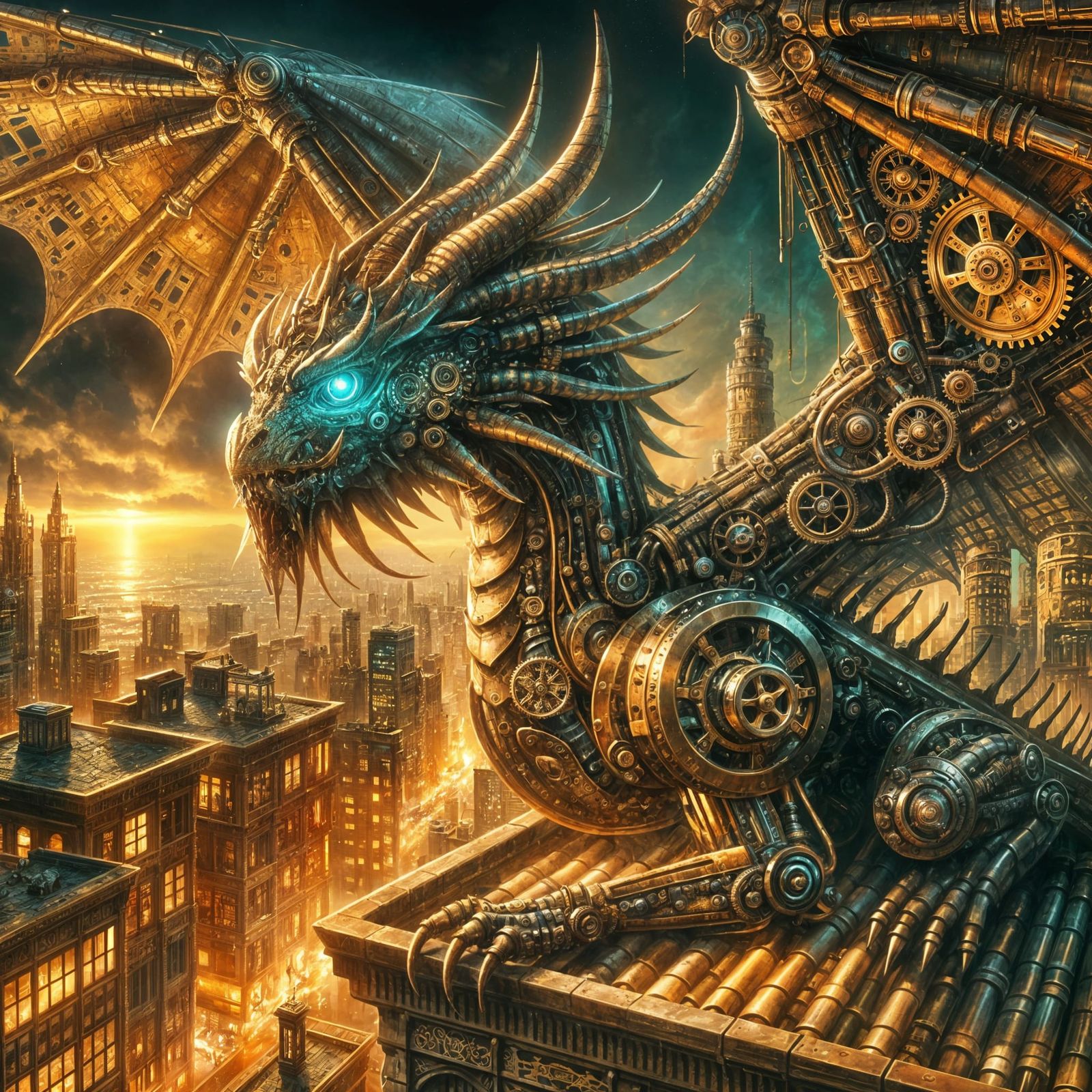 Steampunk Dragon with Mechanical Wings and Neon Cityscape