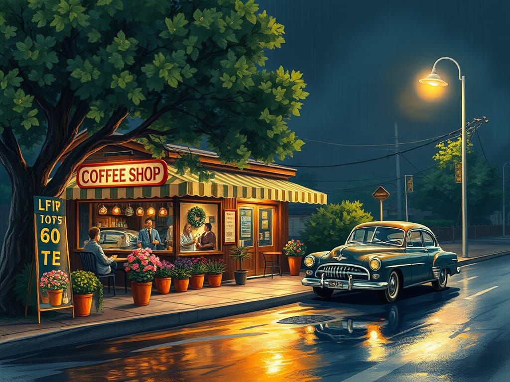 Vintage Watercolor Coffee Shop Scene at Night