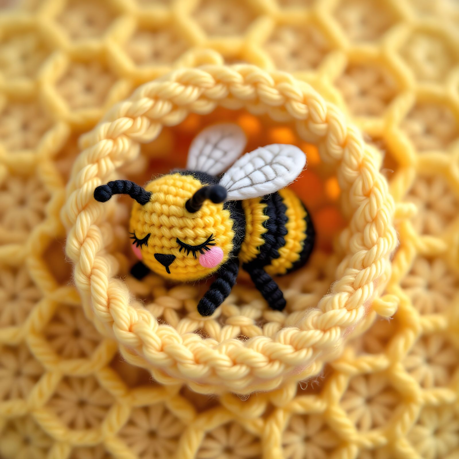 Cute Bee Sleeping in Crocheted Pastel Wool Hive