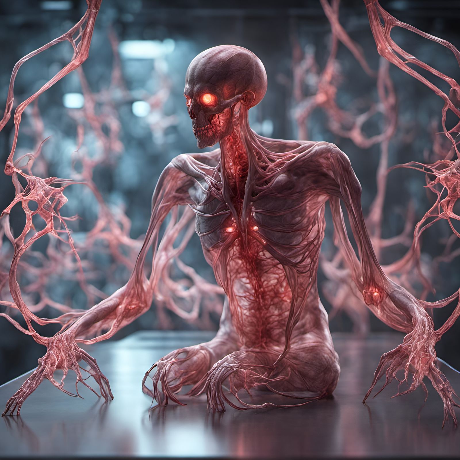 Luminous Multi-Armed Creature in Dark Lab