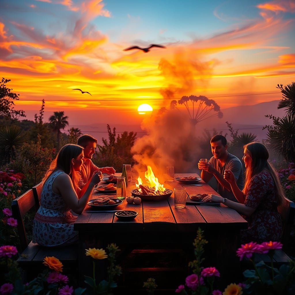 Whimsical Family BBQ Amidst Vibrant Sunset Landscape