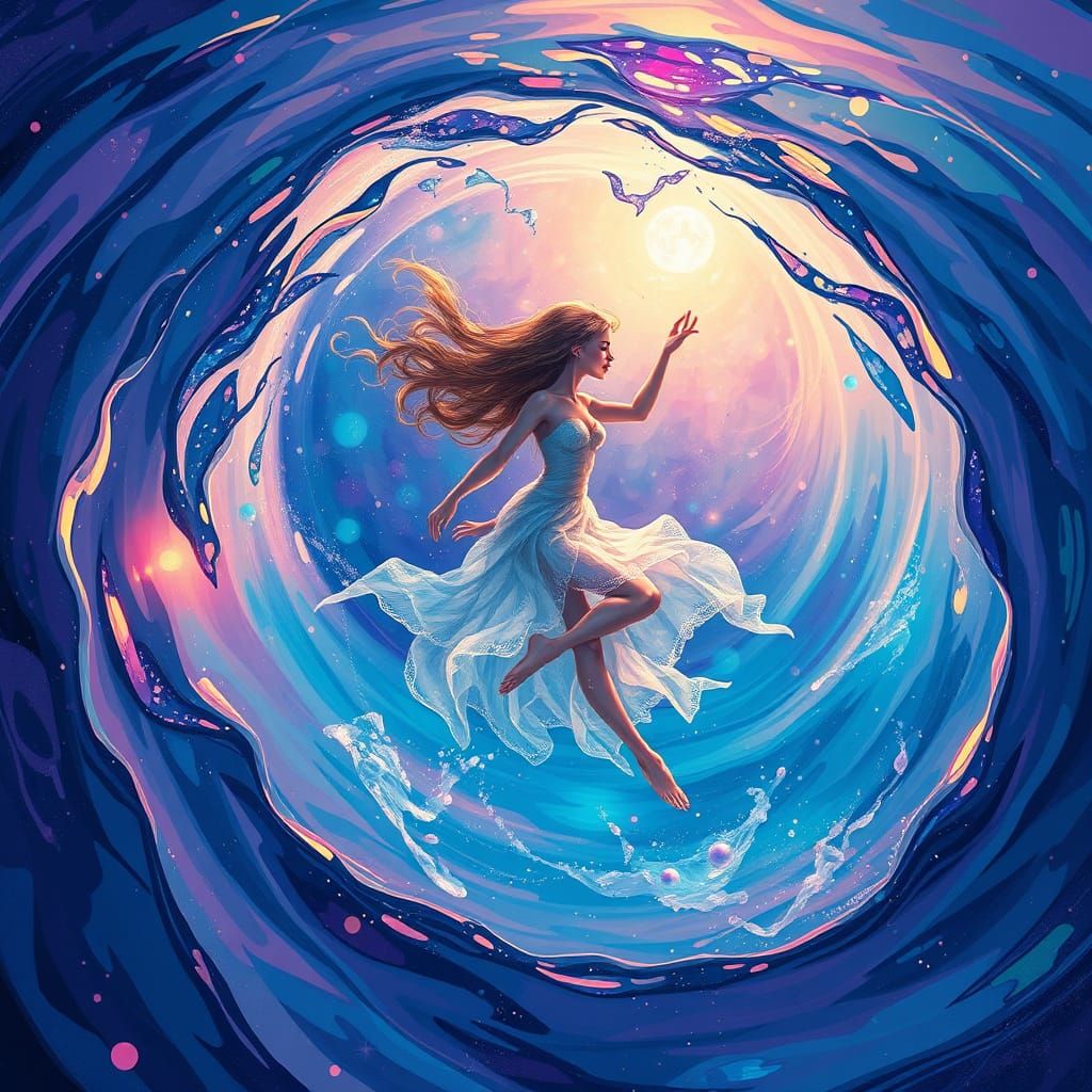 Dreamlike Water Nymph Dances in Luminous Vortex