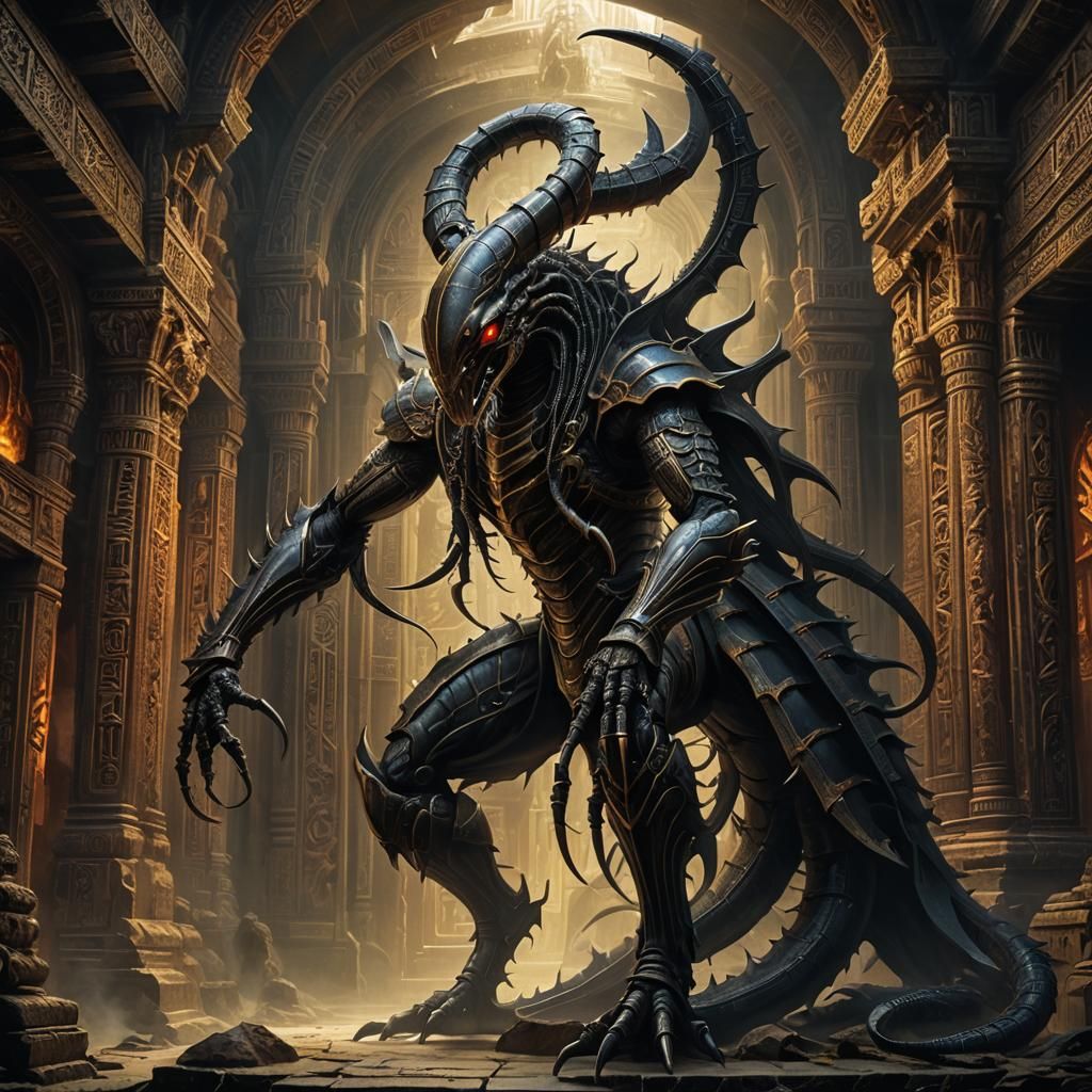 Mystical Scorpion-Humanoid Creature in Ancient Temple