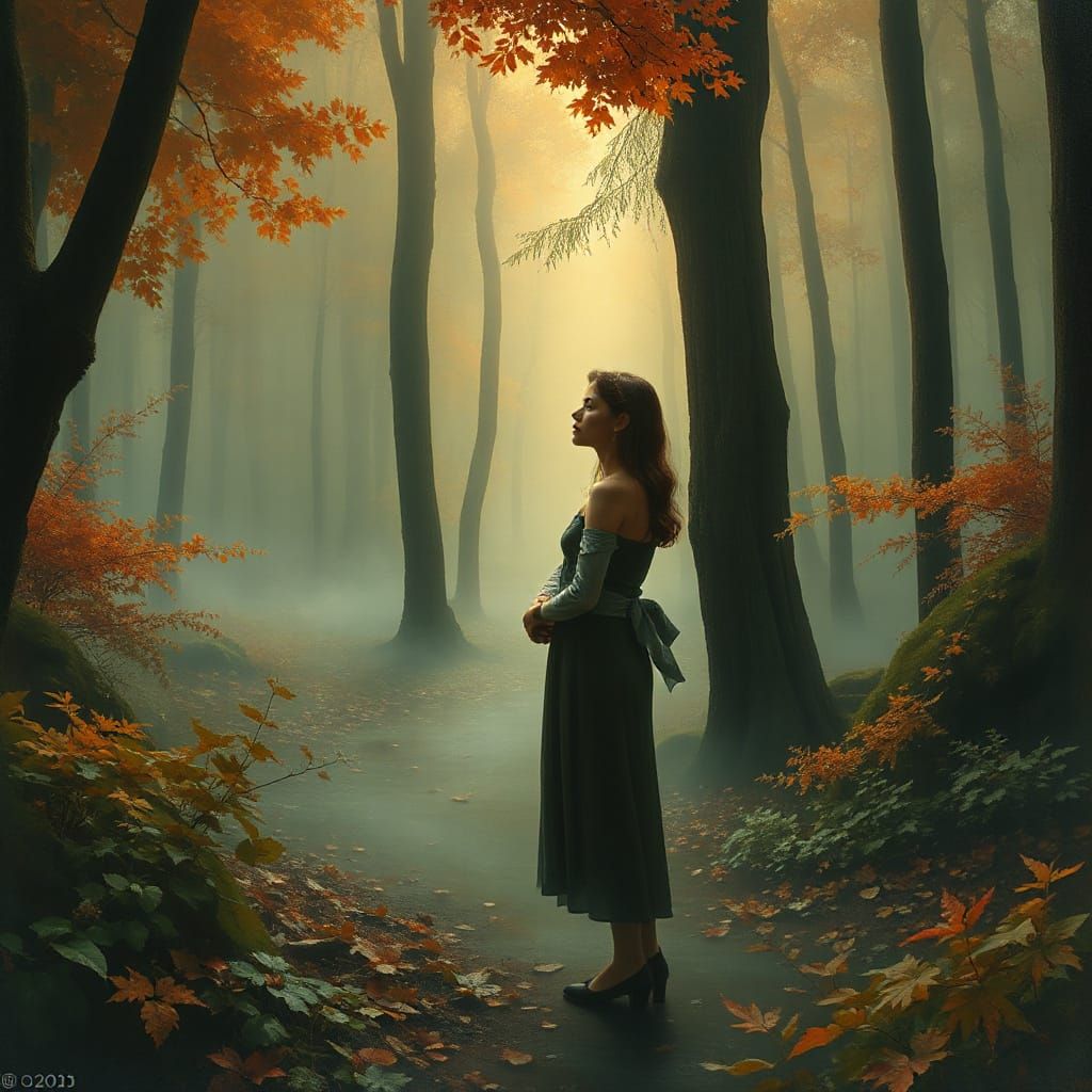 Dreamy Woman in Forest, Art Nouveau Style