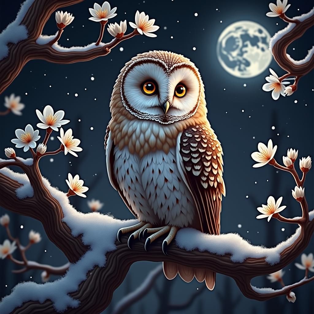 Owls in Winter Night Sky: Digital Painting