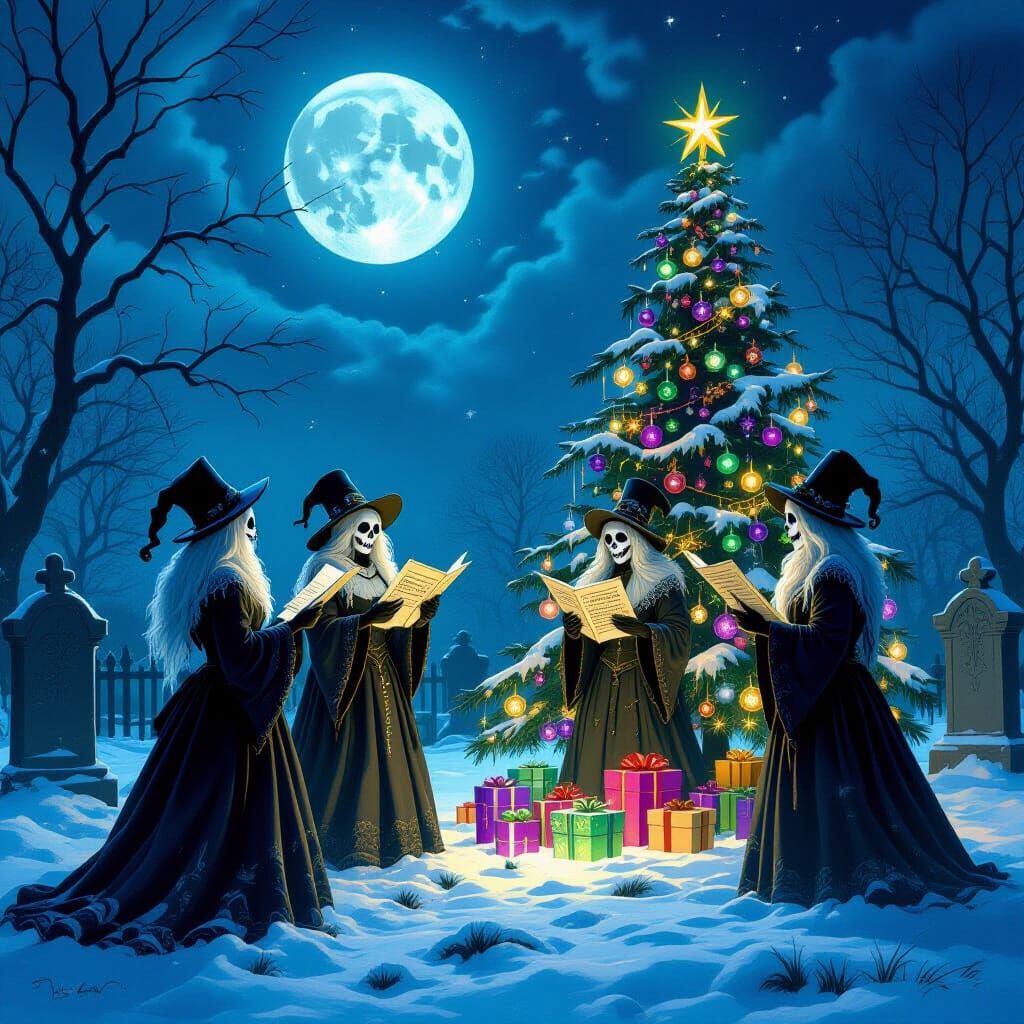 Undead Carolers in Snowy Graveyard