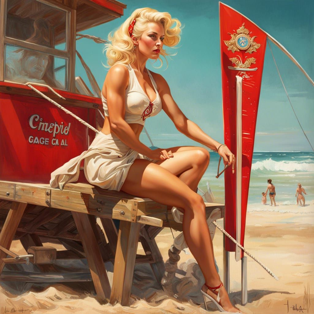Blonde Pinup Lifeguard in Hyperrealistic Digital Art Style