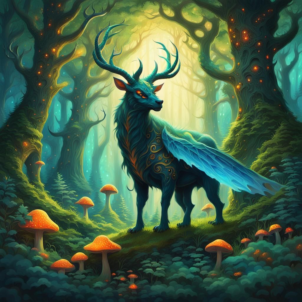 Winged Beast in Lush Forest: Fantasy Illustration