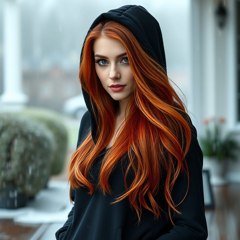 Woman with Red Hair in Hoodie on Rainy Stoop