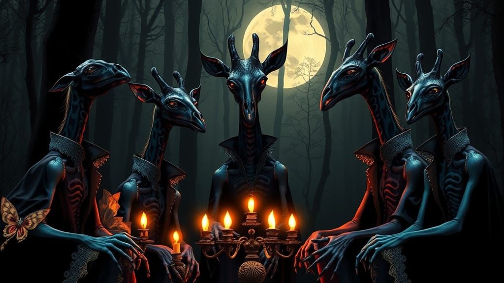 Gothic Alien Giraffes Conjure in Dark Forest Séance