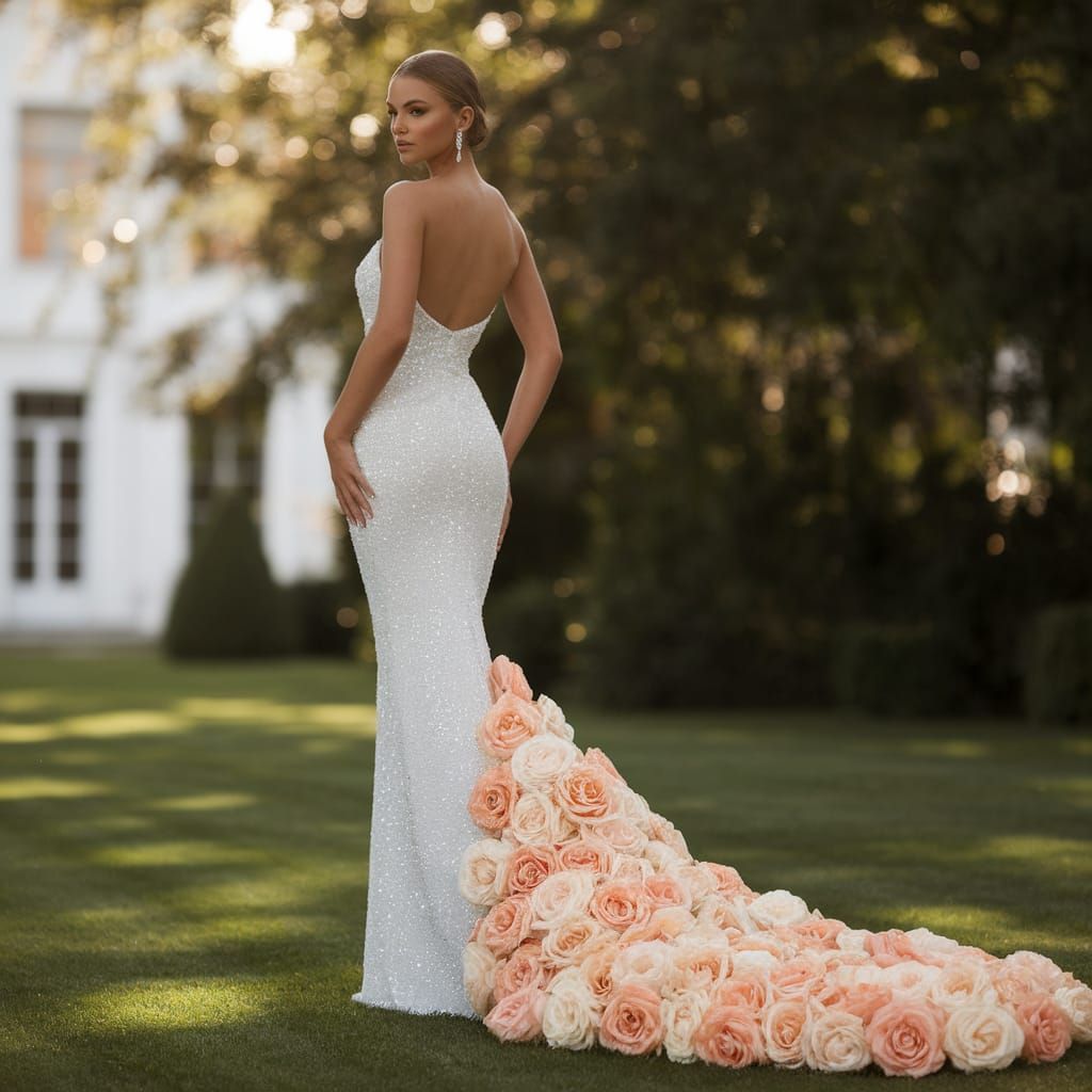 Elegant White Gown in a Lush Green Garden