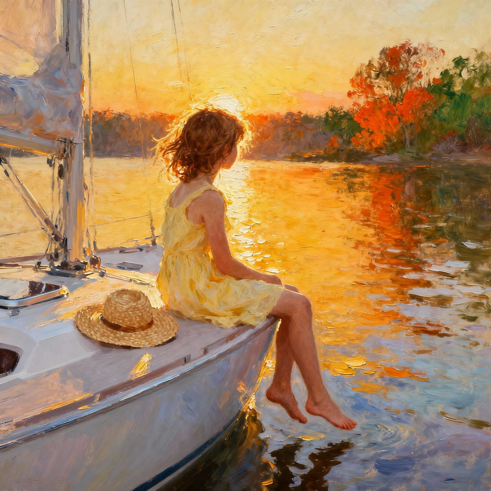Girl on Yacht at Golden Hour, Impasto Oil Painting