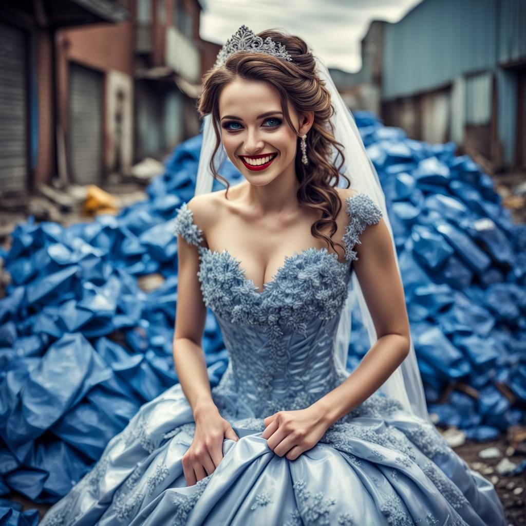 Smiling Bride in Blue Trash Wedding Dress