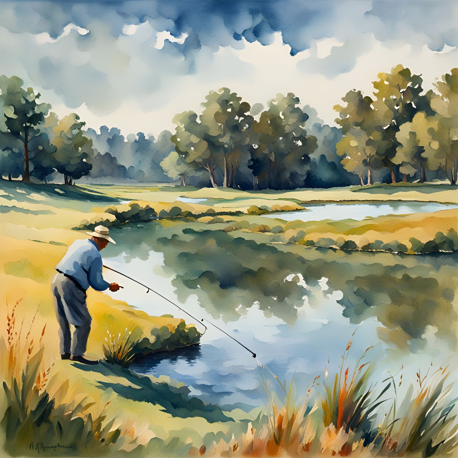 Old Man Fishing on Golf Course as Impasto Painting