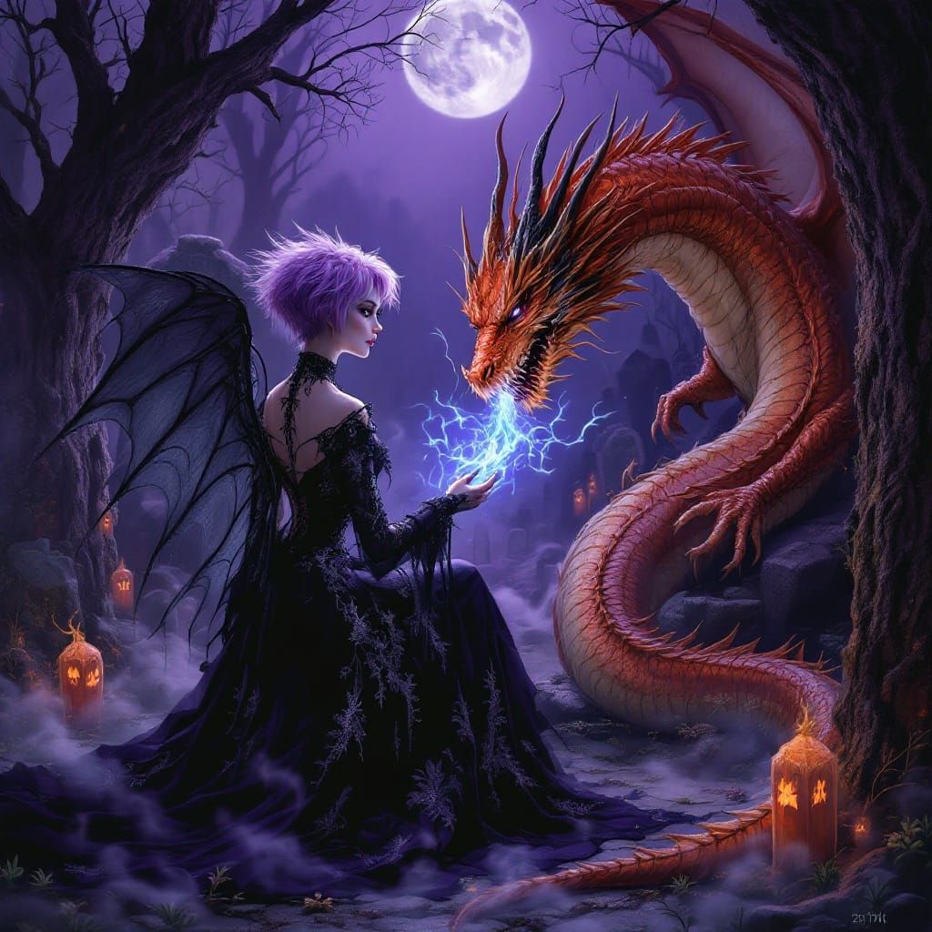 Gothic Fairy Painting Dragon in Graveyard