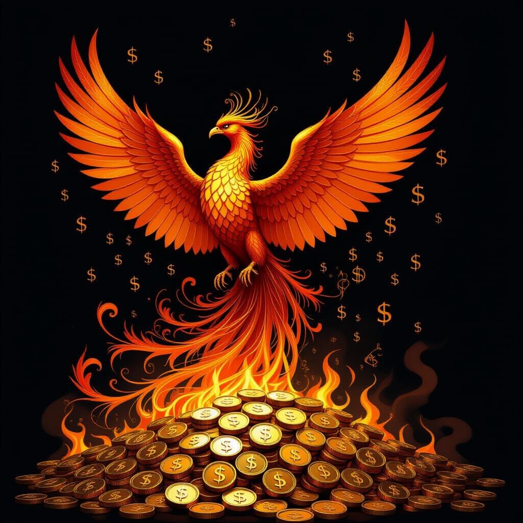 Phoenix Rising from Gold Coins in Klimt & Mucha Style