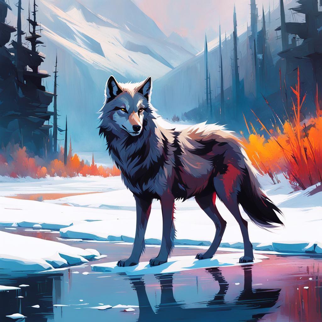 Wolf Walks on Frozen River: Fantasy Gouache Painting