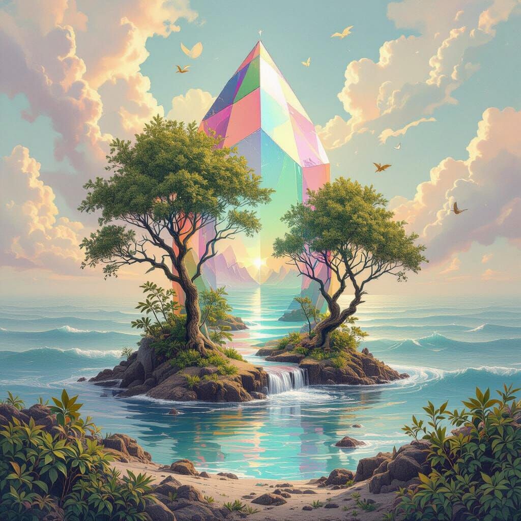 Fantastical Landscape with Iridescent Prism, Metallic Accent...