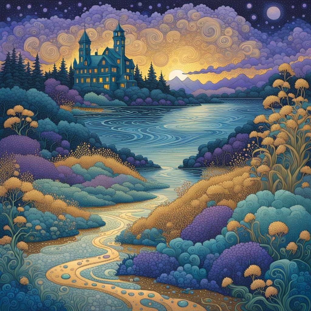 Eldritch Twilight Landscape in Art Nouveau Style