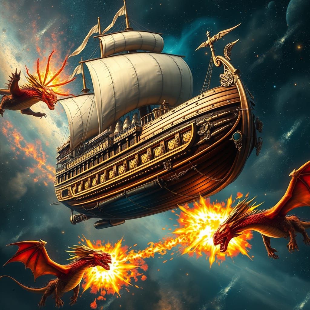 Galleon-Inspired Airship Battles Dragons in Cosmic Skies